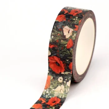 Washi tape botánico con amapolas rojas y hojas verdes oscuras