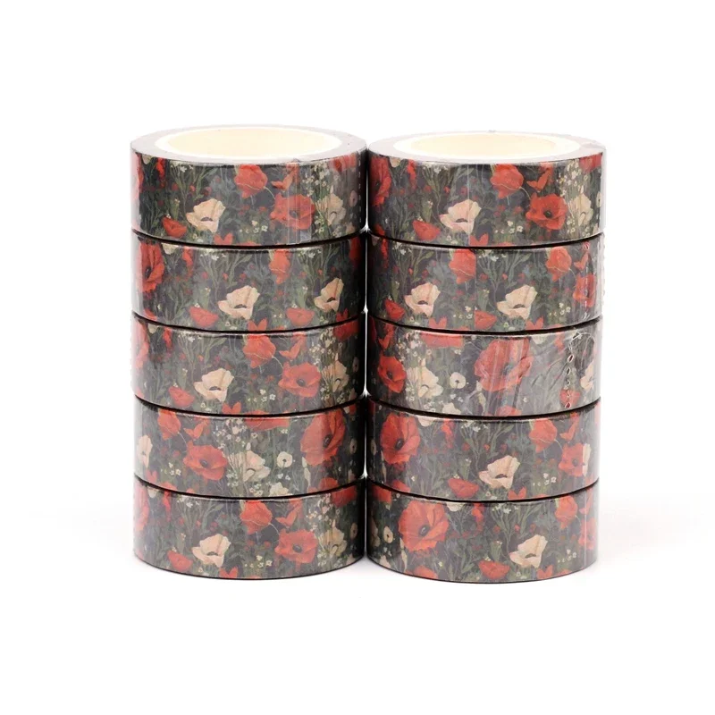 Washi tapes botánico con amapolas rojas y hojas verdes oscuras