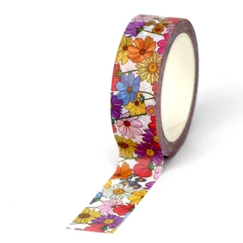 Washi tape blanco con diseño tupido de flores de muchos colores: violeta, naranja, rosa y amarillo