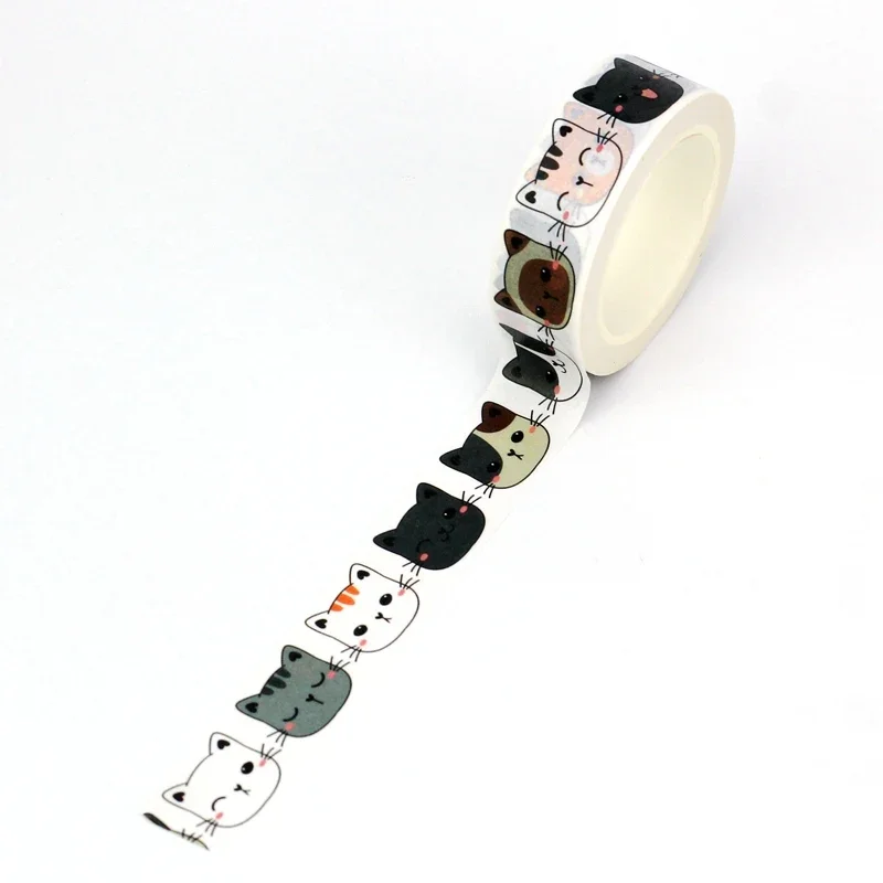 Washi tape blanco con ilustraciones de caras de gatos de colores y razas variadas