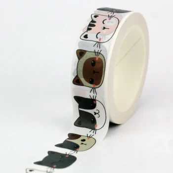 Washi tape blanco con ilustraciones de caras de gatos de colores y razas variadas