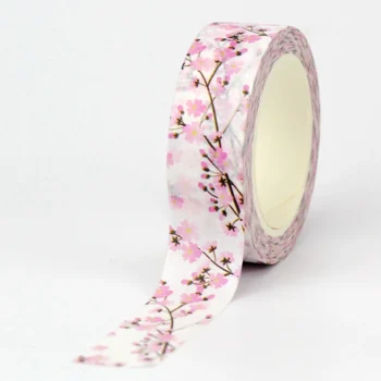 Washi tape blanco con delicadas ilustraciones de flores de cerezo rosas y ramas