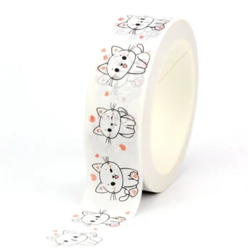 Washi tape blanco con dibujos de gatitos sentados y corazones rosas flotando