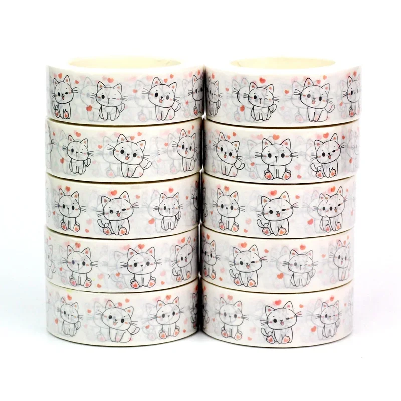 Washi tapes blancos con dibujos de gatitos sentados y corazones rosas flotando