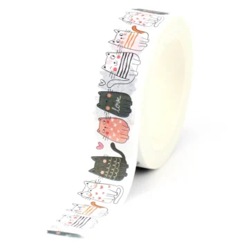 Washi tape blanco con ilustraciones de gatos decorados con rayas, corazones y lunares de colores