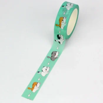 Washi tape verde menta con dibujos de gatitos jugando