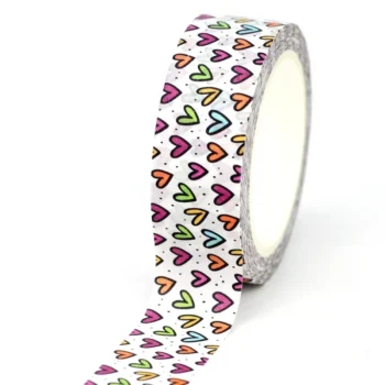 Washi tape blanco con corazones de colores con bordes negros y pequeños puntos tipo confeti