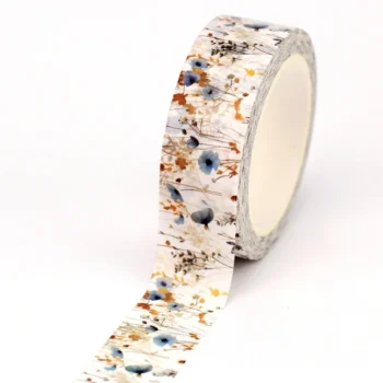 Washi tape blanco con flores de campo delicadas en tonos azul y amarillo