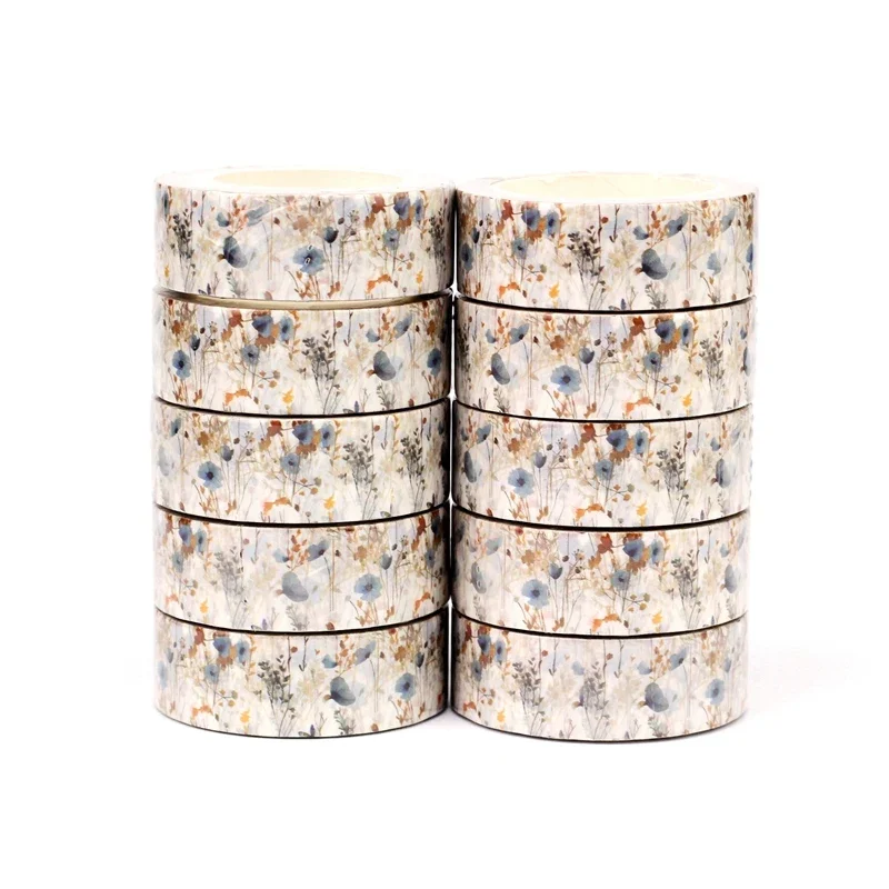 Washi tapes blancos con flores de campo delicadas en tonos azul y amarillo
