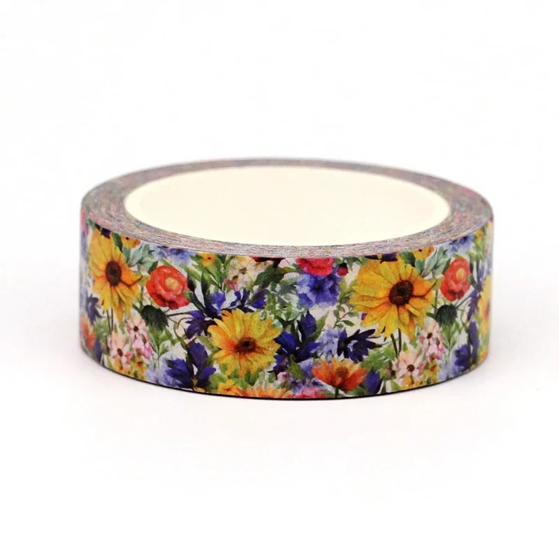 Washi tape con diseño tupido de margaritas amarillas y flores silvestres de colores