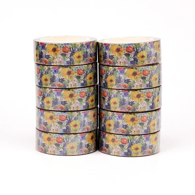 Washi tapes con diseño tupido de margaritas amarillas y flores silvestres de colores