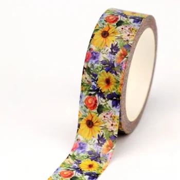 Washi tape con diseño tupido de margaritas amarillas y flores silvestres de colores